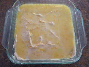 Rhubarb Pudding Cake - with orange mixture on top of cake batter