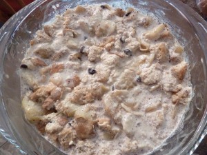 Apple and Pear Bread Pudding - add the egg/milk mixture
