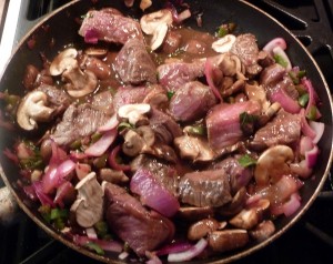 Spicy Beef Stir Fry - add the beef and mushrooms
