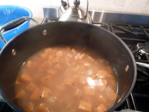 Sweet Potato & Pear Soup - add the liquid