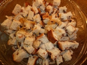 Apple Raisin Bread Pudding - mix the apple and bread cubes
