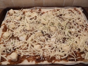Flatbread with Caramelized Onions and Cheese - top with cheese