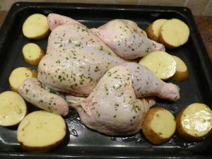 Butterflied Chicken with Roasting Potatoes