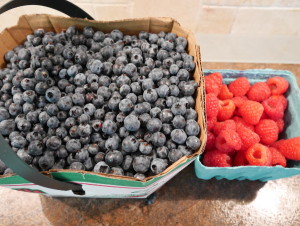 Fresh wild blueberries and cultivated raspberries