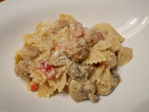 farfalle with sausages and mushrooms
